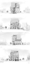 Elevations of the John & Frances Angelos Law Center. Three distinct facade types clad the building's exterior based on program specificities: the office/classroom facade, the library facade, and the atrium facade. - Photo Credit: Behnisch Architekten